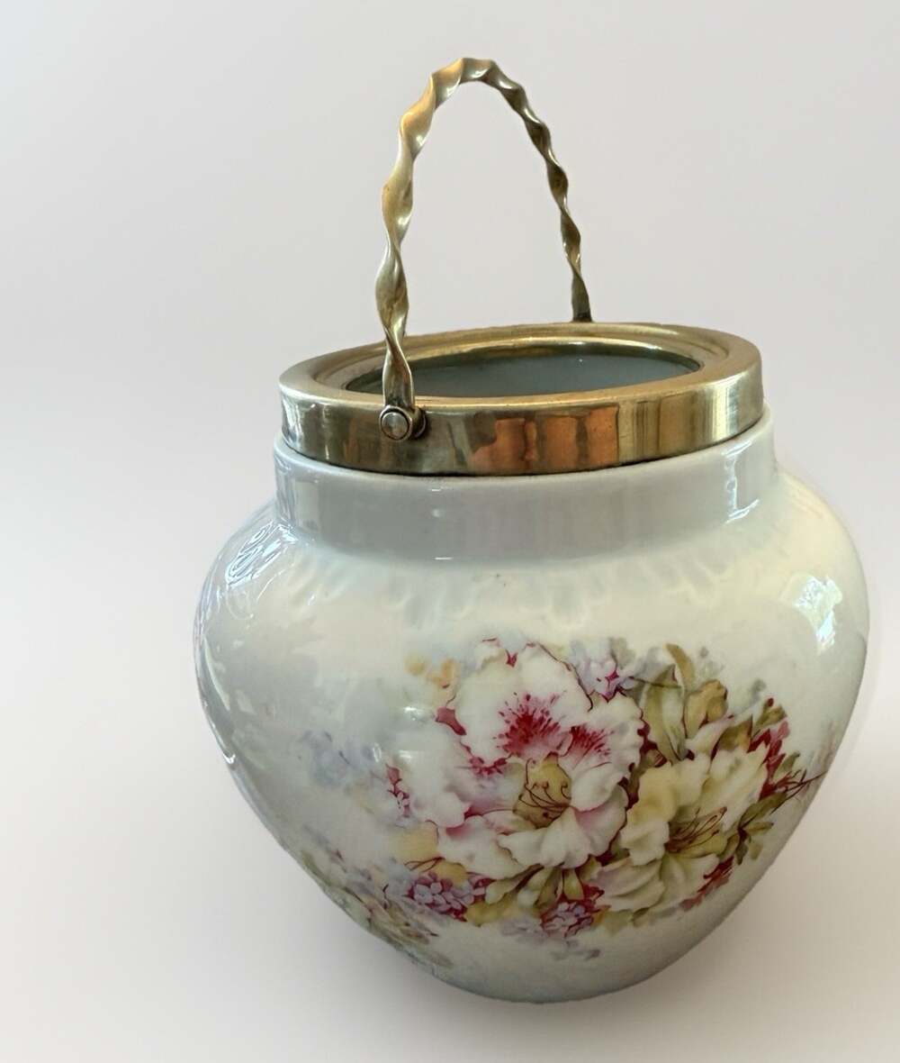 JG Burrows Antique English Floral Biscuit Jar Metal Handle NO LID 6”